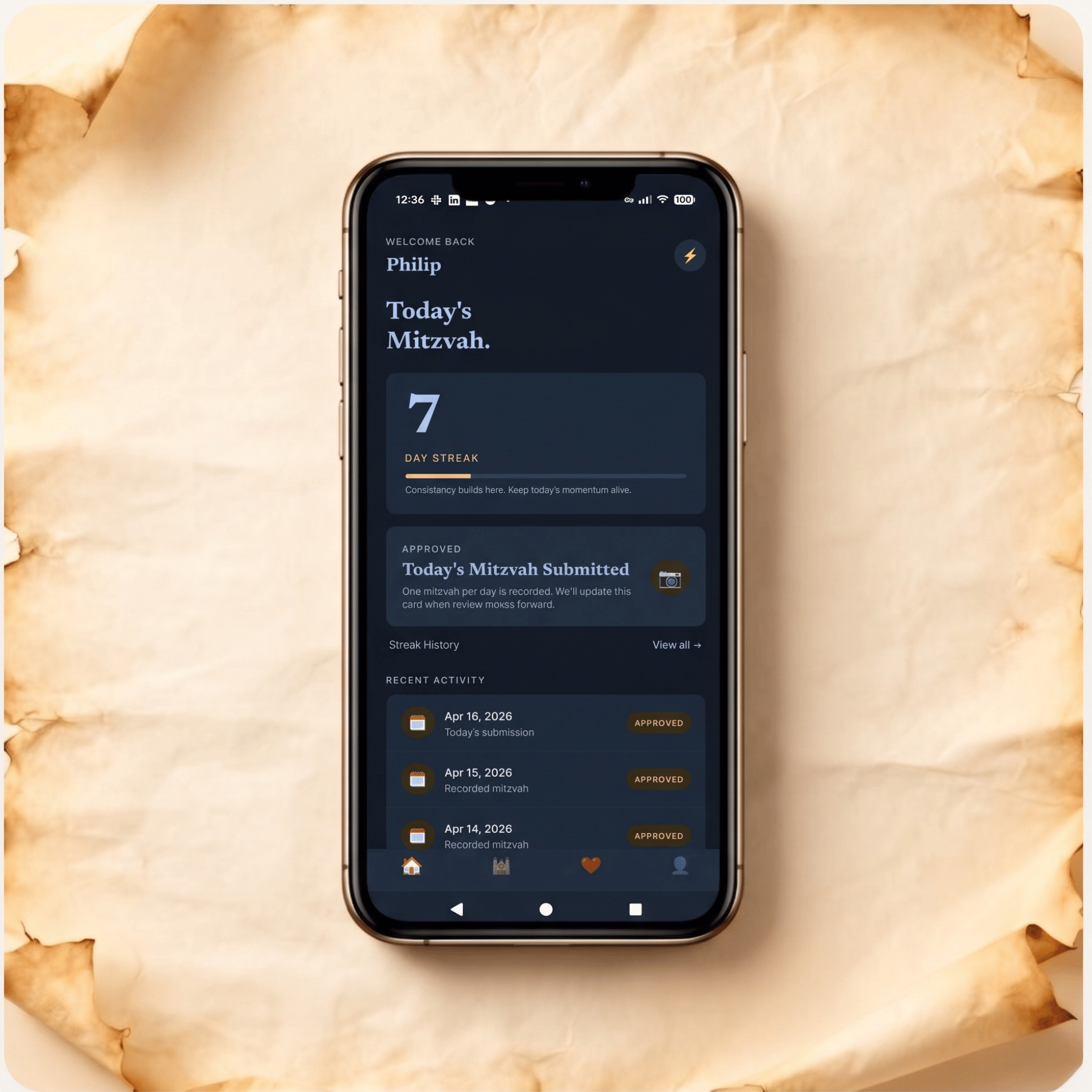 Hatmada app showing tefillin streak tracking interface